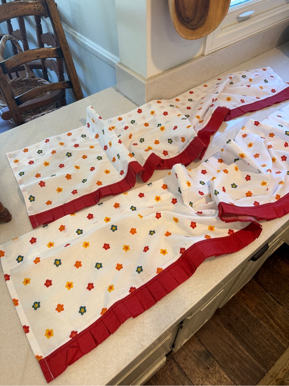 Set of two Vintage style White Floral Window Panel with Red Pleated Hem